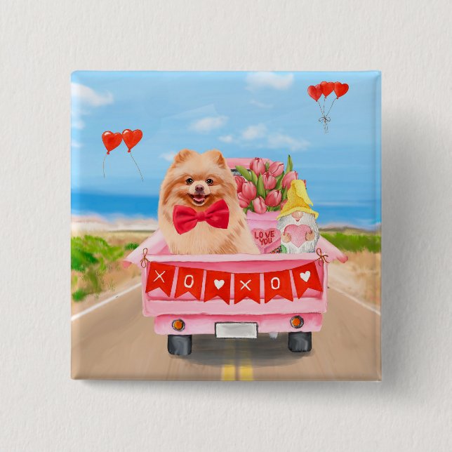 Pomeranian Dog Valentine's Day Truck Hearts Button (Front)