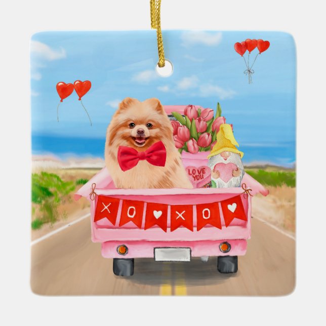 Pomeranian Dog Valentine's Day Truck Hearts Ceramic Ornament (Front)