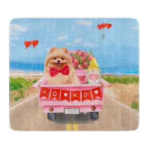 Pomeranian Dog Valentine's Day Truck Hearts Cutting Board