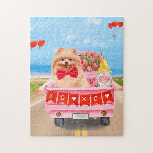 Pomeranian Dog Valentines Day Truck Hearts  Jigsaw Puzzle
