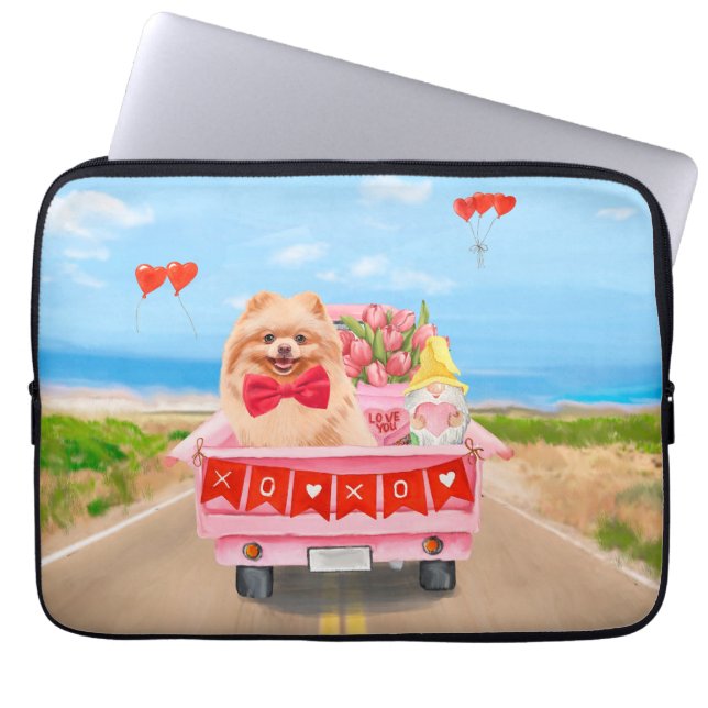 Pomeranian Dog Valentine's Day Truck Hearts Laptop Sleeve (Front)