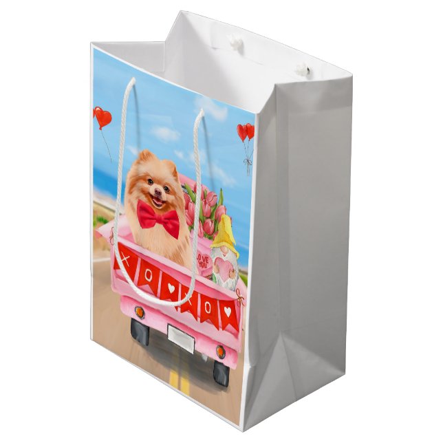 Pomeranian Dog Valentine's Day Truck Hearts Medium Gift Bag (Front Angled)