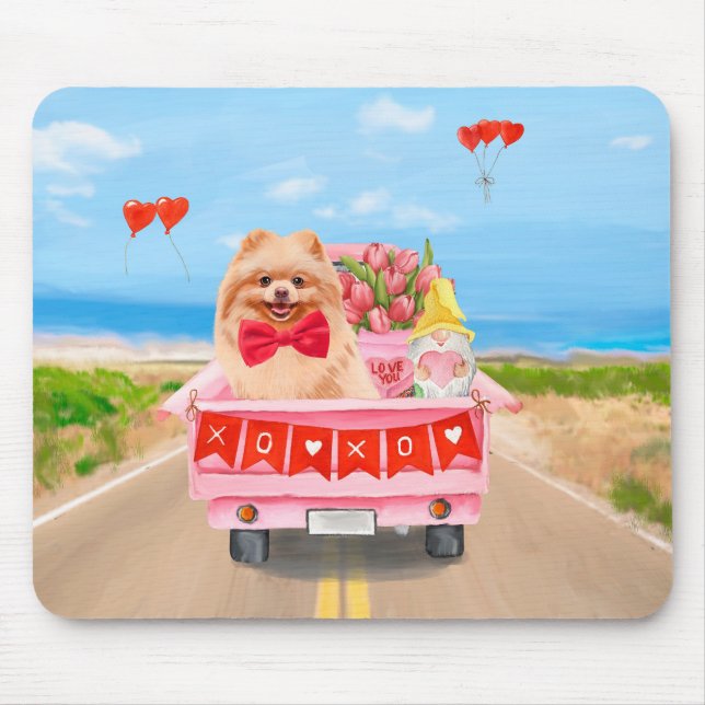 Pomeranian Dog Valentine's Day Truck Hearts  Mouse Pad (Front)