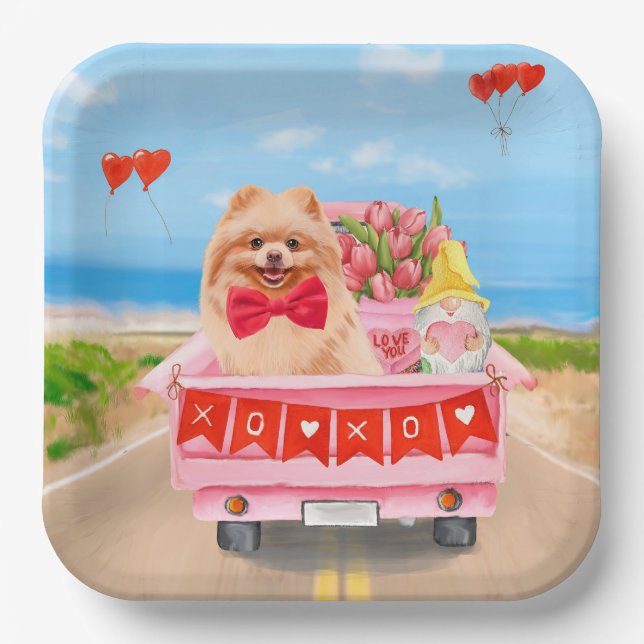 Pomeranian Dog Valentine's Day Truck Hearts Paper Plates (Front)