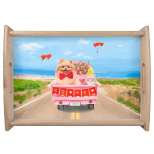 Pomeranian Dog Valentine's Day Truck Hearts Serving Tray