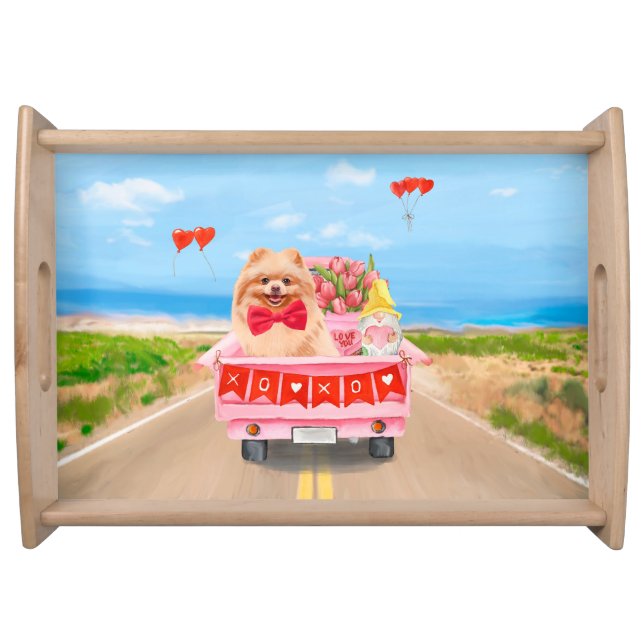 Pomeranian Dog Valentine's Day Truck Hearts Serving Tray (Front)