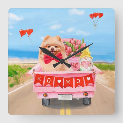 Pomeranian Dog Valentines Day Truck Hearts Square Wall Clock