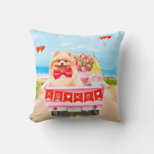 Pomeranian Dog Valentine's Day Truck Hearts Throw Pillow