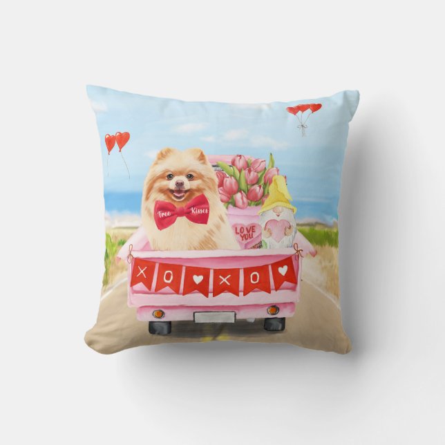 Pomeranian Dog Valentine's Day Truck Hearts Throw Pillow (Front)