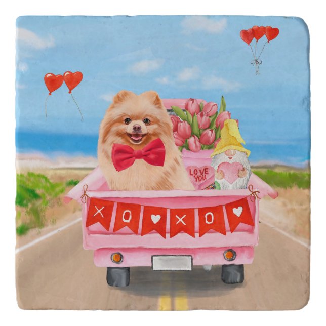 Pomeranian Dog Valentine's Day Truck Hearts Trivet (Front)