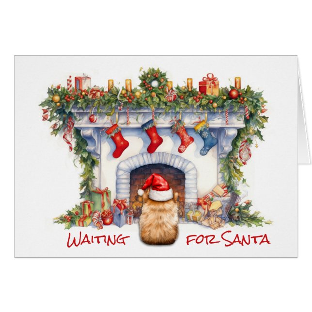 Pomeranian Dog Wait for Santa Christmas Fireplace (Front Horizontal)