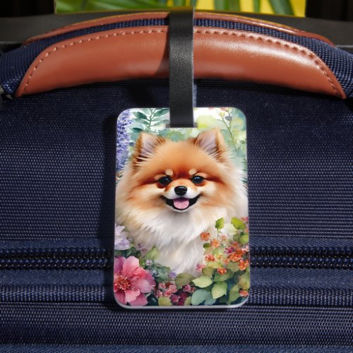 Pomeranian Dog Watercolor Floral Art Luggage Tag