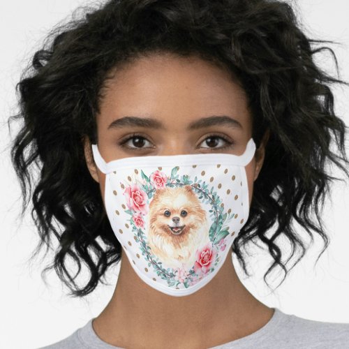 Pomeranian dog watercolor rose wreath polka dot face mask