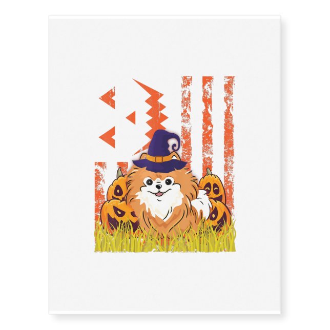 Pomeranian Dog Witch Dancing Pumpkins Halloween Us Temporary Tattoos (Front)