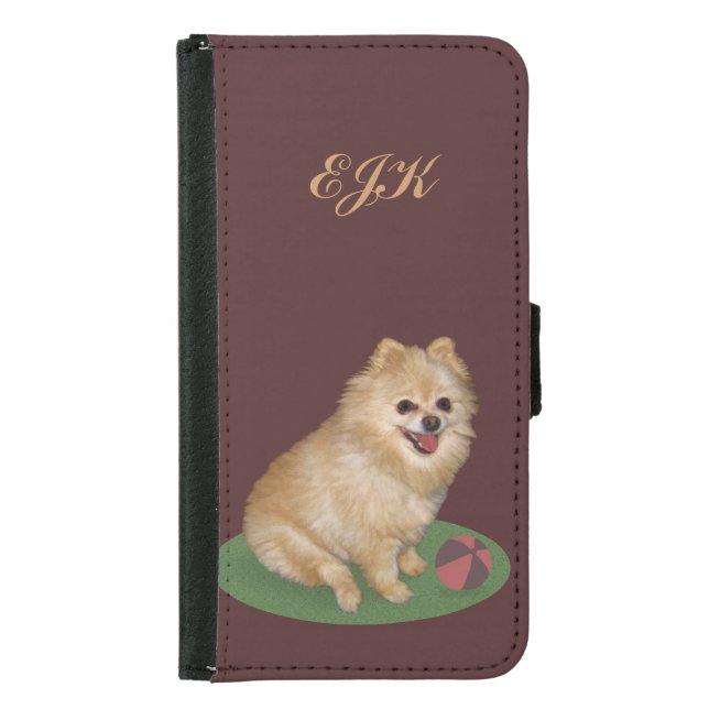 Pomeranian Dog with Ball, Monogram Samsung Galaxy Wallet Case (Front)