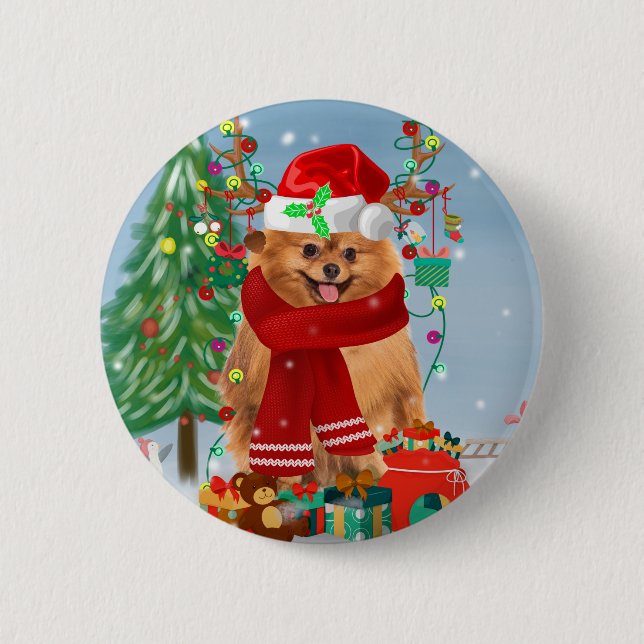 Pomeranian dog with Christmas gifts  Button (Front)