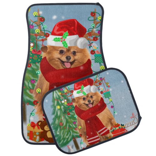 Pomeranian dog with Christmas gifts Car Floor Mat