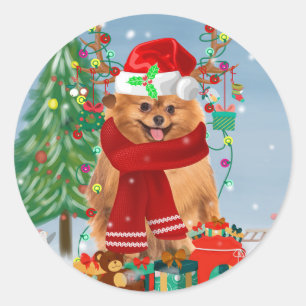 Pomeranian dog with Christmas gifts Classic Round Sticker