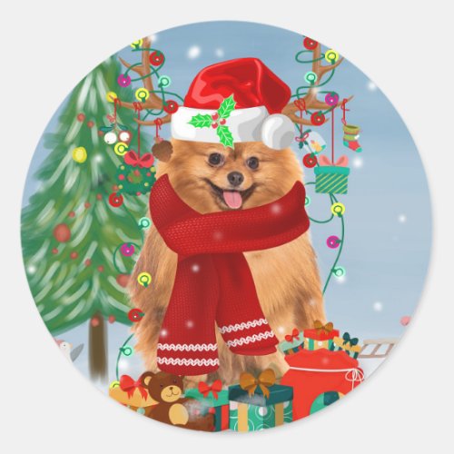 Pomeranian dog with Christmas gifts  Classic Round Sticker