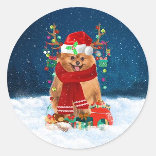 Pomeranian dog with Christmas gifts  Classic Round Sticker