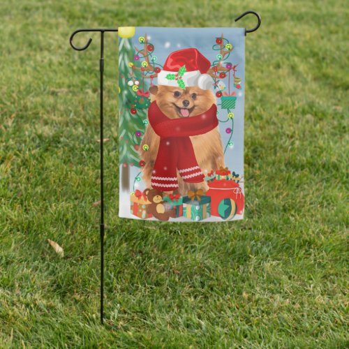 Pomeranian dog with Christmas gifts   Garden Flag