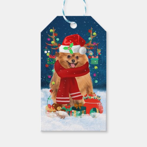 Pomeranian dog with Christmas gifts  Gift Tags