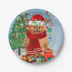 Pomeranian dog with Christmas gifts  Paper Plates