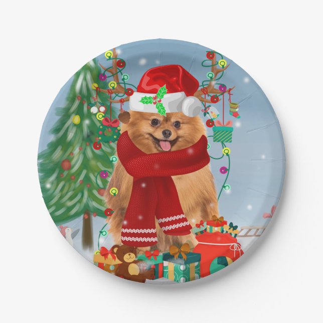 Pomeranian dog with Christmas gifts  Paper Plates (Front)