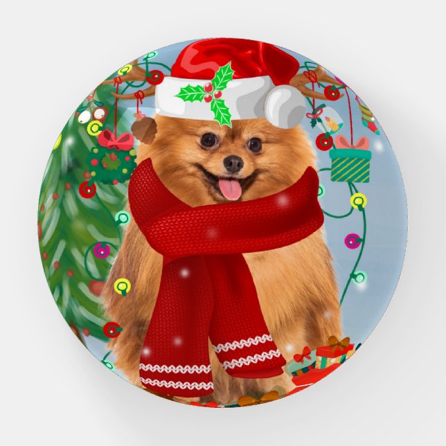 Pomeranian dog with Christmas gifts   Paperweight (Front)
