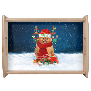 Pomeranian dog with Christmas gifts Serving Tray