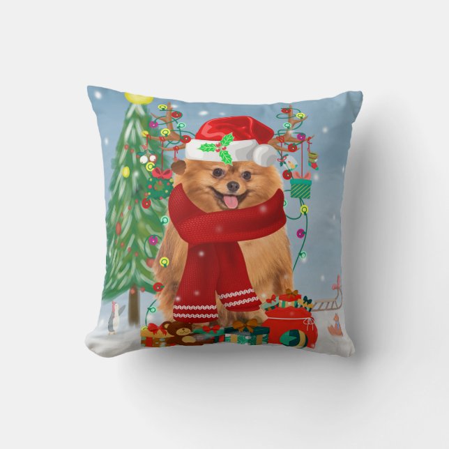 Pomeranian dog with Christmas gifts  Throw Pillow (Front)