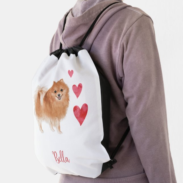 Pomeranian Dog with Custom Pet Name Drawstring Bag (Insitu)