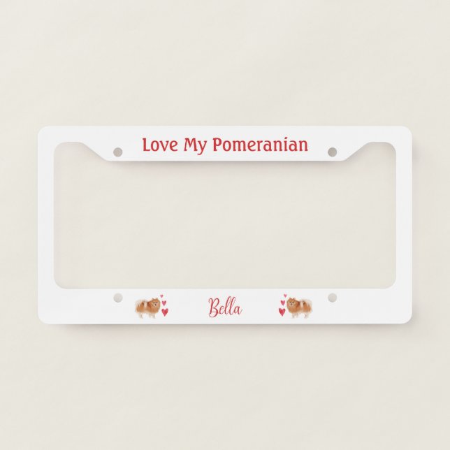 Pomeranian Dog with Custom Pet Name License Plate Frame (Front)