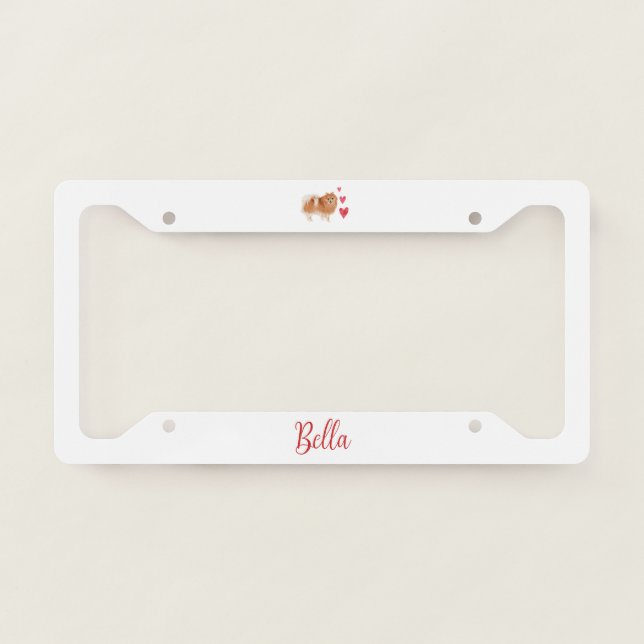 Pomeranian Dog with Custom Pet Name License Plate Frame (Front)