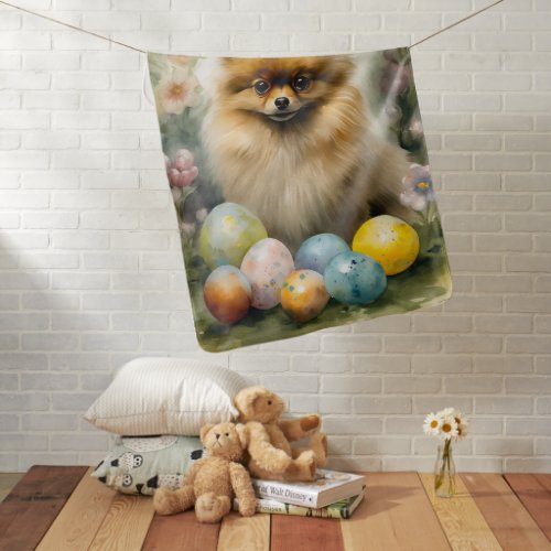 Pomeranian Dog with Easter Eggs Holiday  Baby Blanket