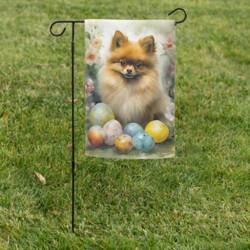 Pomeranian Dog with Easter Eggs Holiday  Garden Flag