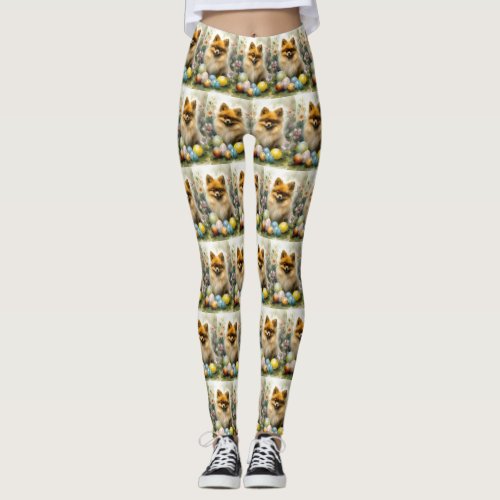 Pomeranian Dog with Easter Eggs Holiday  Leggings