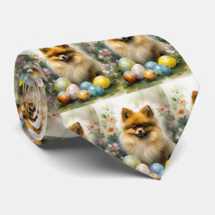 Pomeranian Dog with Easter Eggs Holiday Neck Tie