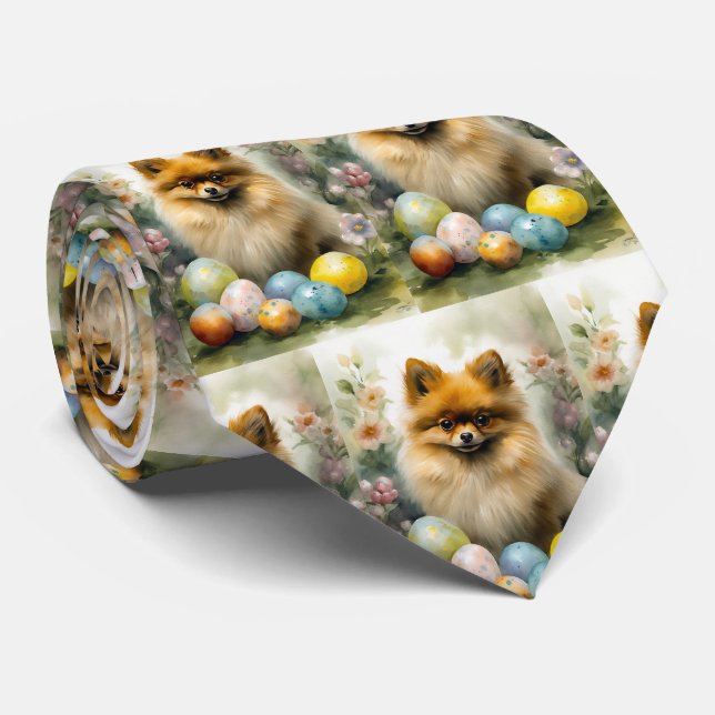 Pomeranian Dog with Easter Eggs Holiday  Neck Tie (Rolled)