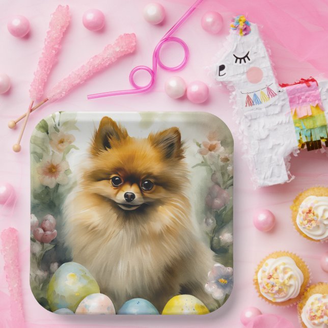 Pomeranian Dog with Easter Eggs Holiday  Paper Plates (Party)