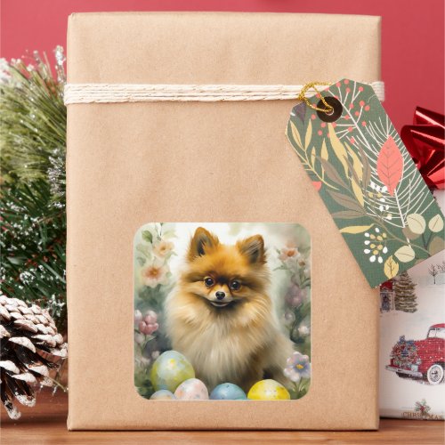Pomeranian Dog with Easter Eggs Holiday  Square Sticker