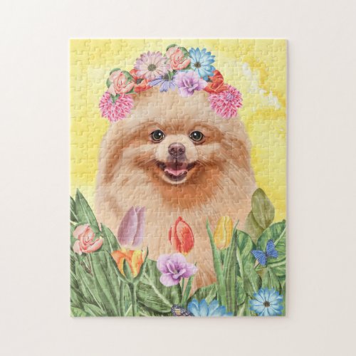 Pomeranian Dog with Flowers Spring Jigsaw Puzzle