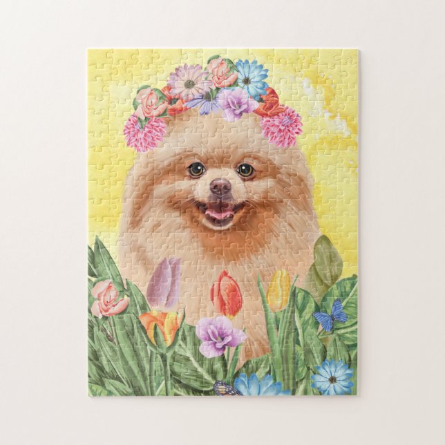 Pomeranian Dog with Flowers Spring Jigsaw Puzzle (Vertical)