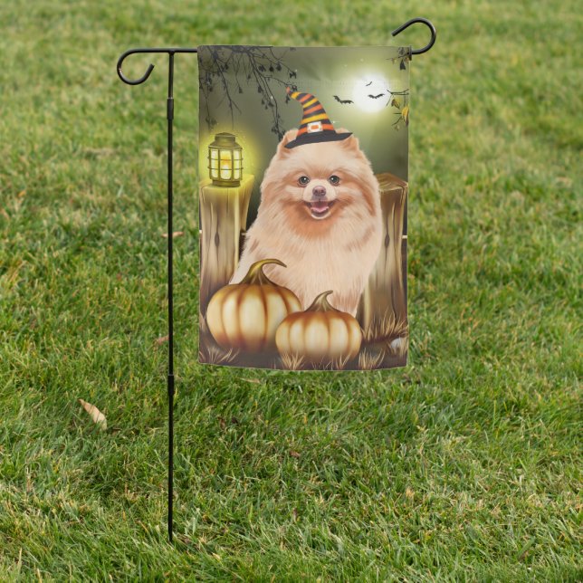 Pomeranian Dog with Witch Hat  Garden Flag (In SItu)