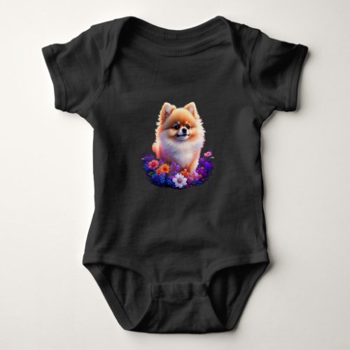 Pomeranian dogs and flowers design baby bodysuit