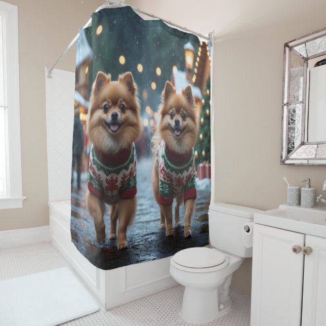 Pomeranian Dogs Christmas Snow Holiday  Shower Curtain (In Situ)