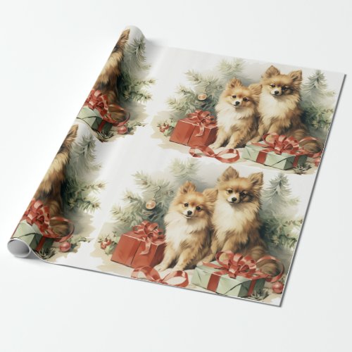 Pomeranian Dogs Christmas Tree and Presents  Wrapping Paper