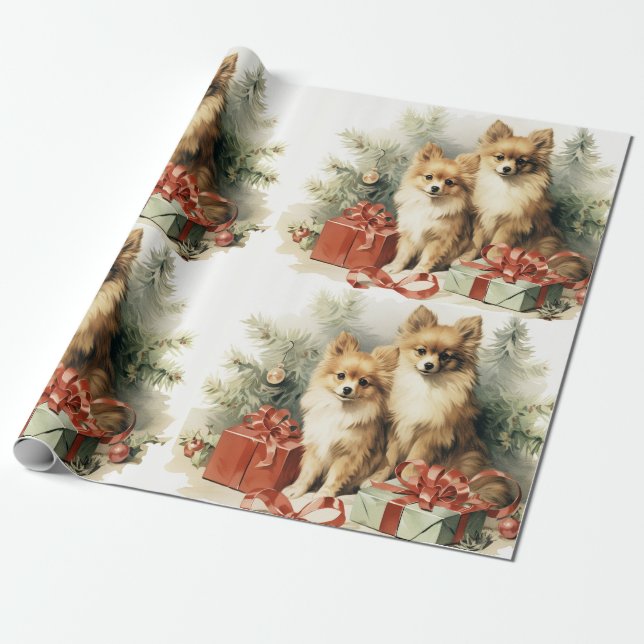 Pomeranian Dogs Christmas Tree and Presents  Wrapping Paper (Unrolled)