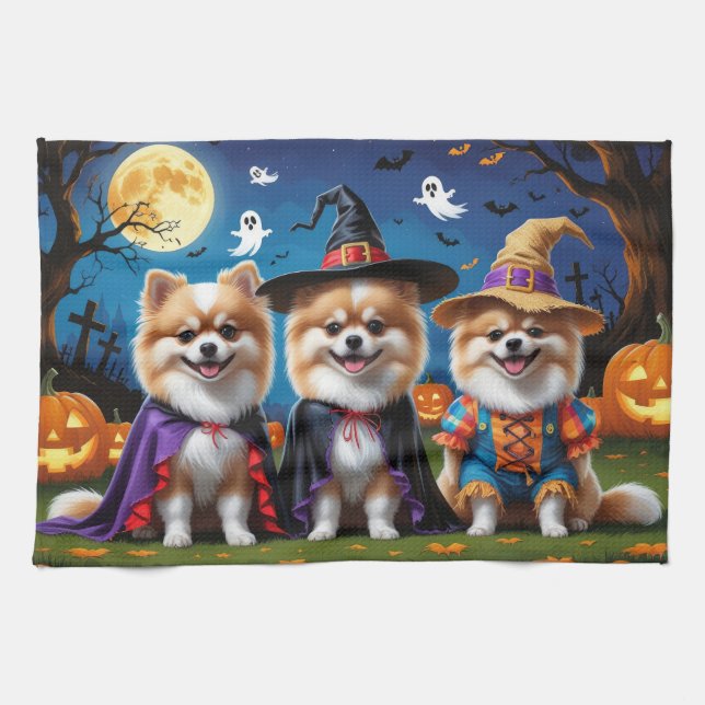 Pomeranian Dogs Pumpkin Halloween Funny  Kitchen Towel (Horizontal)