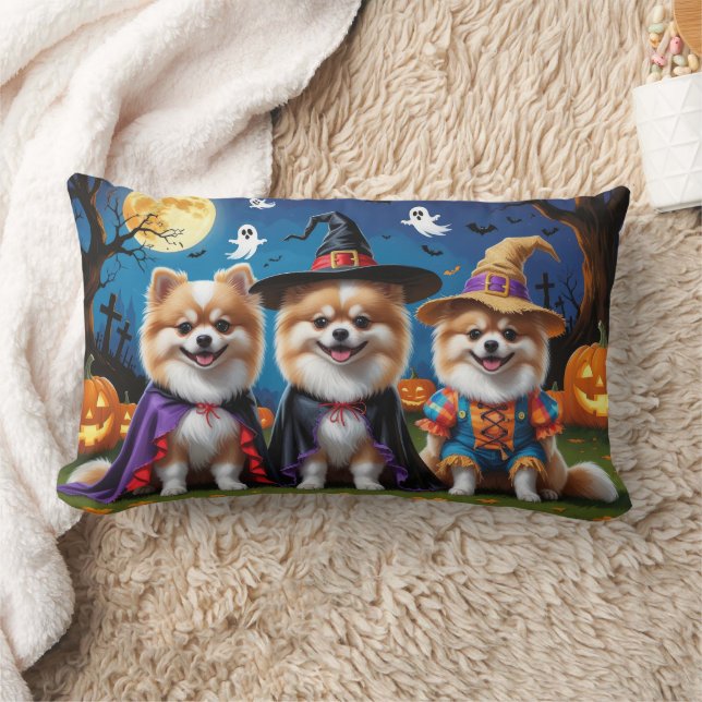 Pomeranian Dogs Pumpkin Halloween Funny  Lumbar Pillow (Blanket)
